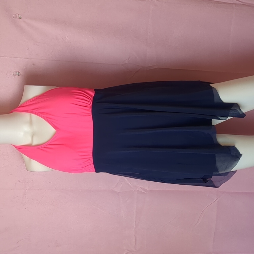 Neon Pink and Blue V Neck One Piece Swimsuit with Sheer Skirt Overlay size Large